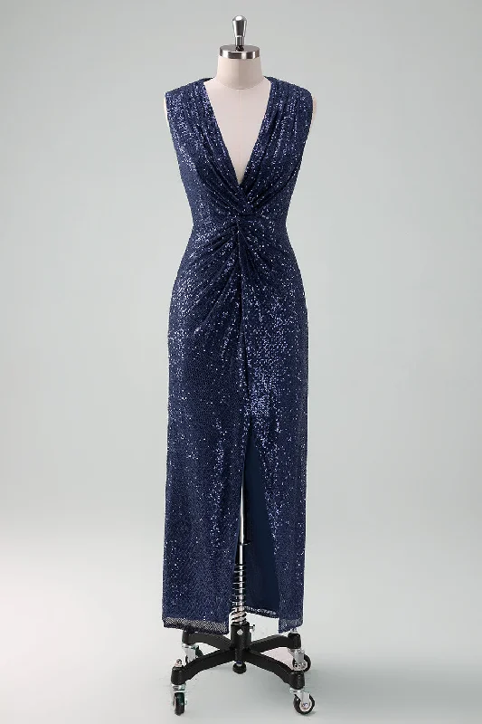 Formal dresses with button - front designs and tulle skirts for a charming prom style Navy V-neck Sheath Sequins Sleeveless Wedding Guest Dress Formal dresses with button - front designs and tulle skirts for a charming prom style Navy V-neck Sheath Sequins Sleeveless Wedding Guest Dress