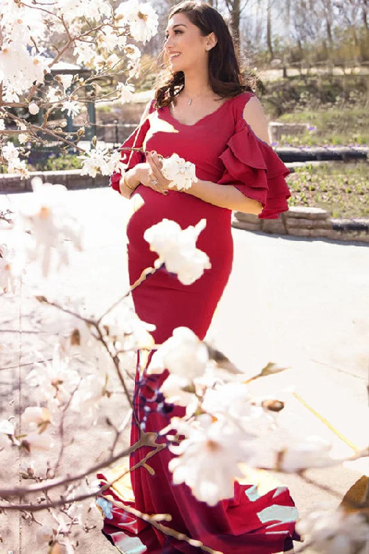 Maternity dress for baby shower with floral pattern Off-the-shoulder Mermaid Maternity Photoshoot Gown
