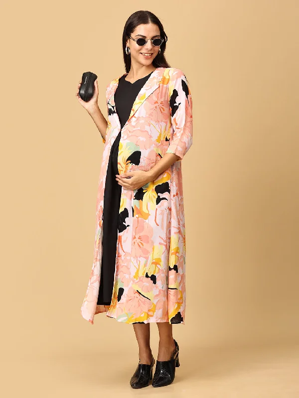 Maternity dress for a baby's first visit to the art gallery Peony Perfection Maternity and Nursing Shacket Dress Set