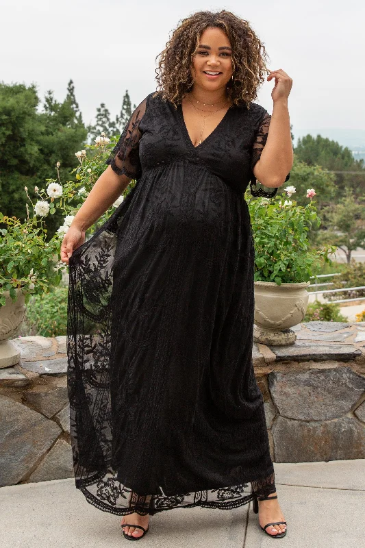 Maternity dress for a baby's first plane ride PinkBlush Black Lace Mesh Overlay Maternity Plus Maxi Dress