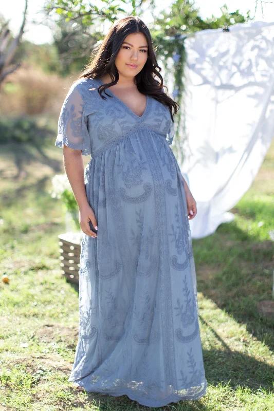 Maternity dress for a baby's first visit to the amusement park PinkBlush Blue Lace Mesh Overlay Plus Maternity Maxi Dress