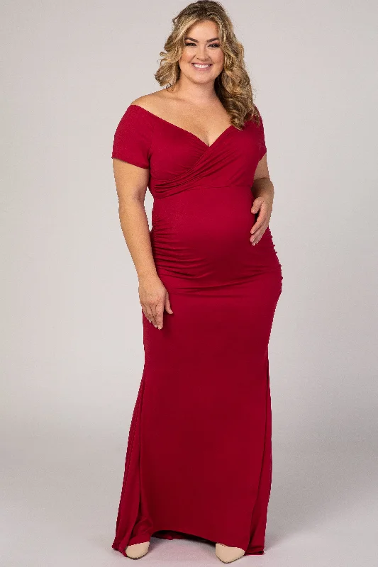 Maternity denim dress for a casual vibe PinkBlush Burgundy Off Shoulder Wrap Plus Maternity Photoshoot Gown/Dress