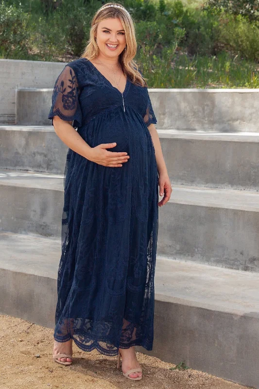 A - line maternity dress for a flattering fit PinkBlush Navy Lace Mesh Overlay Plus Maternity Maxi Dress