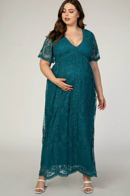 Plus size maternity dress for curvy moms - to - be PinkBlush Teal Lace Mesh Overlay Plus Maternity Maxi Dress