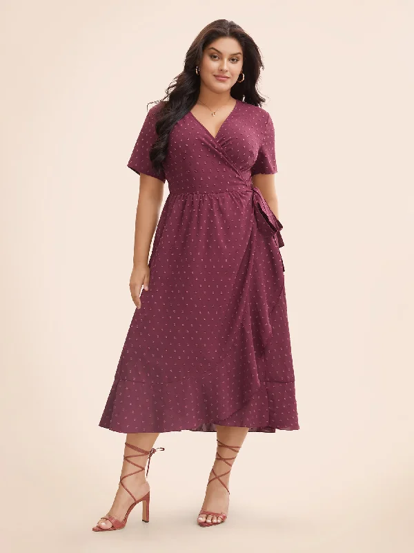 Plus - size Everyday Dress with Empire Waist​ Plain Overlap Collar Ruffle Trim Tie Knot Dress