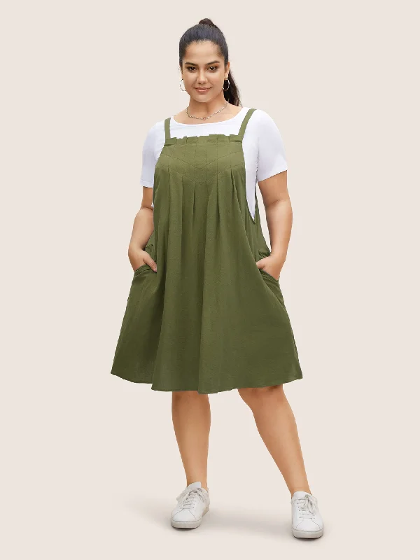  Plain Pleated Pocket Sleeveless Dress