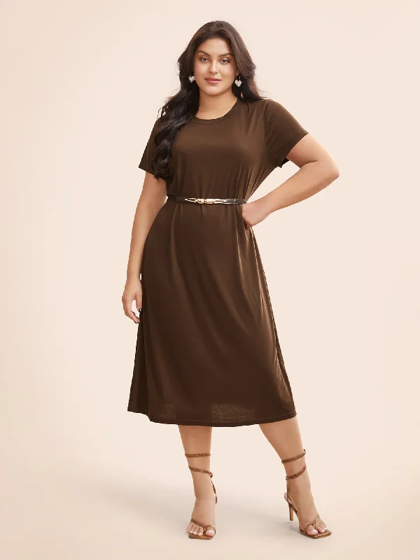  Plain Round Neck Midi Knit Dress
