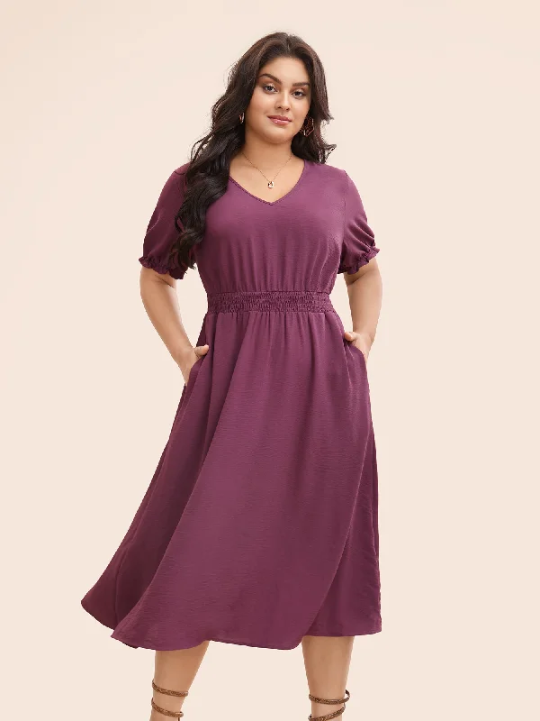  Plain V Neck Shirred Puff Sleeve Dress