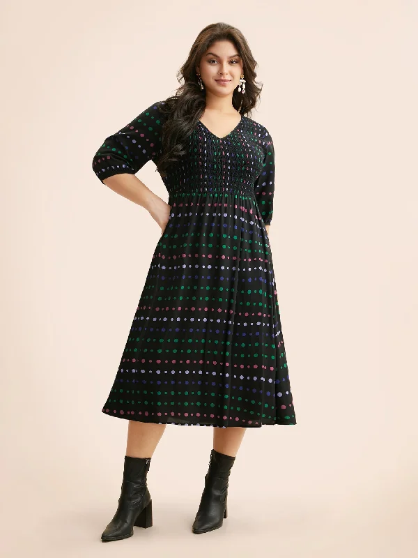 Everyday Dress with Elastic - cuffed Sleeves for a Casual Look Polka Dot Shirred Lantern Sleeve Dress Everyday Dress with Elastic - cuffed Sleeves for a Casual Look Polka Dot Shirred Lantern Sleeve Dress