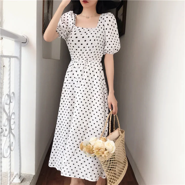 Everyday Dress with Halter Neck for a Sexy Look TWO PEARS-Puff Sleeve Backless Dot Print Dress Everyday Dress with Halter Neck for a Sexy Look TWO PEARS-Puff Sleeve Backless Dot Print Dress
