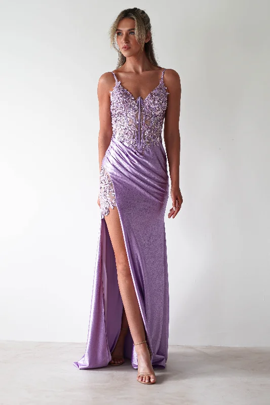 Prom dresses with tiered lace skirts and off - the - shoulder necklines for a feminine and elegant formal affair Regina Embellished Bodice Gown | Lavendar Prom dresses with tiered lace skirts and off - the - shoulder necklines for a feminine and elegant formal affair Regina Embellished Bodice Gown | Lavendar