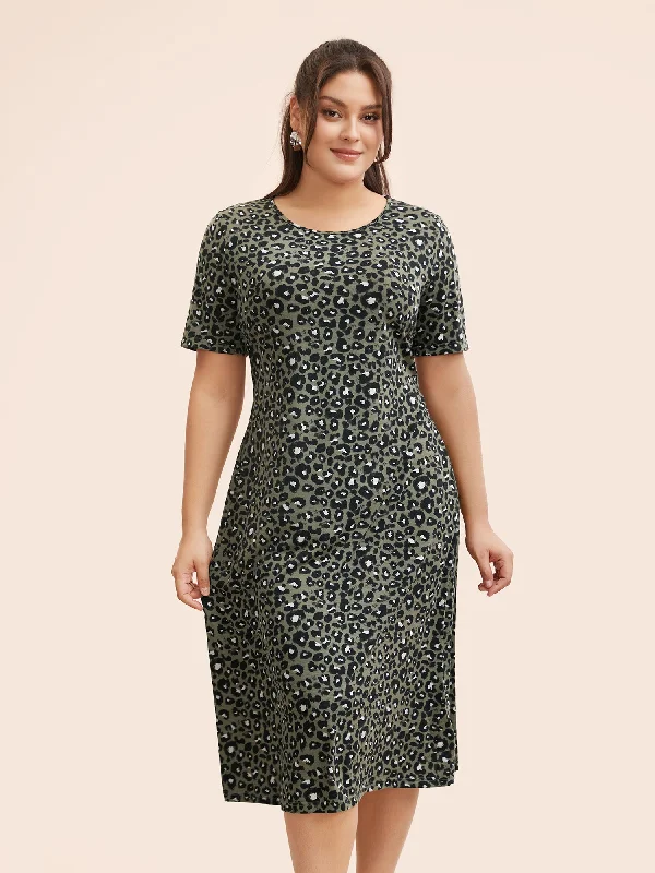  Round Neck Leopard Print Midi Dress