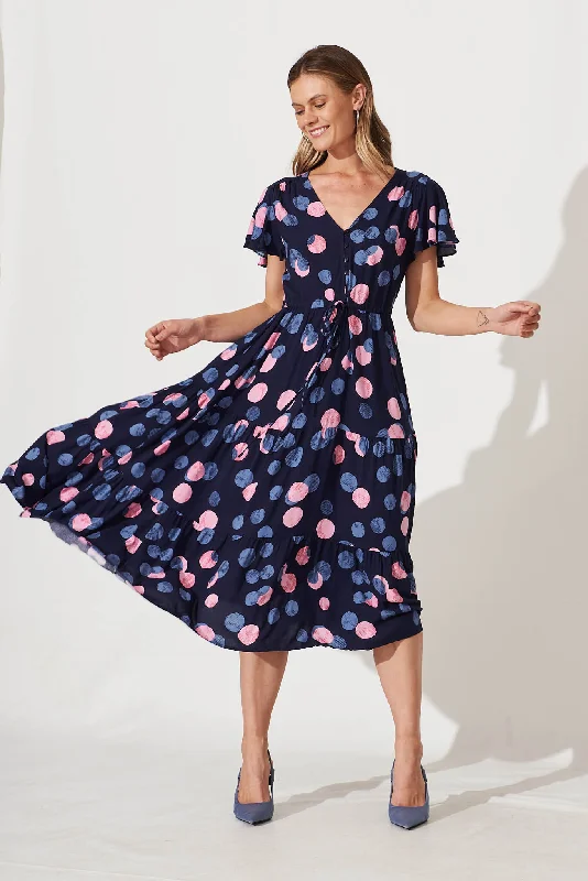 Everyday Dress with Shiny Metallic Thread for a Festive Feel Saturday Midi Dress In Navy With Pink And Blue Spot Everyday Dress with Shiny Metallic Thread for a Festive Feel Saturday Midi Dress In Navy With Pink And Blue Spot
