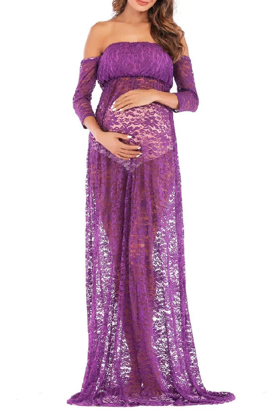 Maternity dress for a baby's first visit to the community garden Sexy Straight-Neckline Lace Maternity Long Dress
