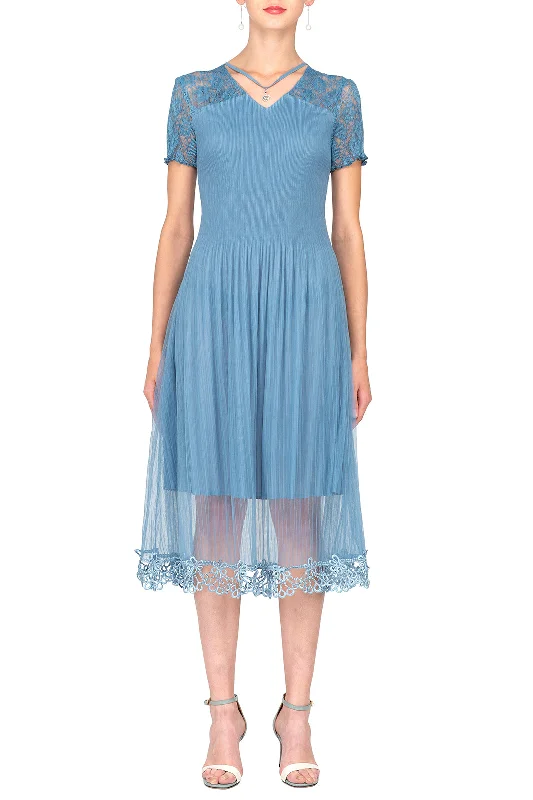 Everyday Dress with Sleeve Cuffs with Buttons for a Neat Finish TWO PEARS-Short Sleeve Lace Accent Wrinkle Fit & Flare Dress Everyday Dress with Sleeve Cuffs with Buttons for a Neat Finish TWO PEARS-Short Sleeve Lace Accent Wrinkle Fit & Flare Dress