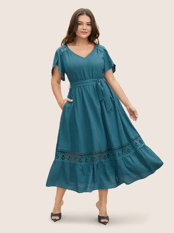 Everyday Silk - like Dress with Flowy Skirt​ Solid Crochet Lace Petal Sleeve Dress
