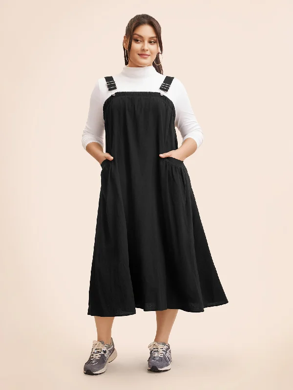 Everyday Dress with Printed Bodice and Solid - color Skirt for a Balanced Look​ Solid Gathered Adjustable Straps Overall Dress