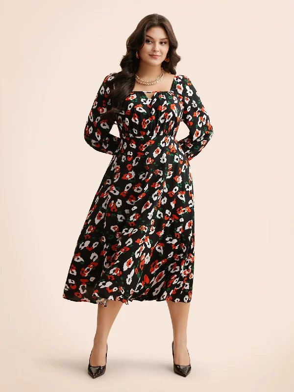 Square Neck Animal Print Keyhole Dress