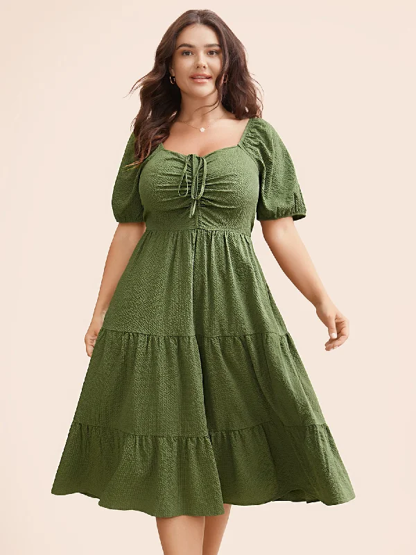  Textured Drawstring Ruffle Layered Hem Dress