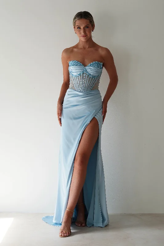 Prom dresses with side - slit pockets and solid - color fabrics for a practical and stylish formal look Theodora Strapless Embellished Gown | Blue Prom dresses with side - slit pockets and solid - color fabrics for a practical and stylish formal look Theodora Strapless Embellished Gown | Blue