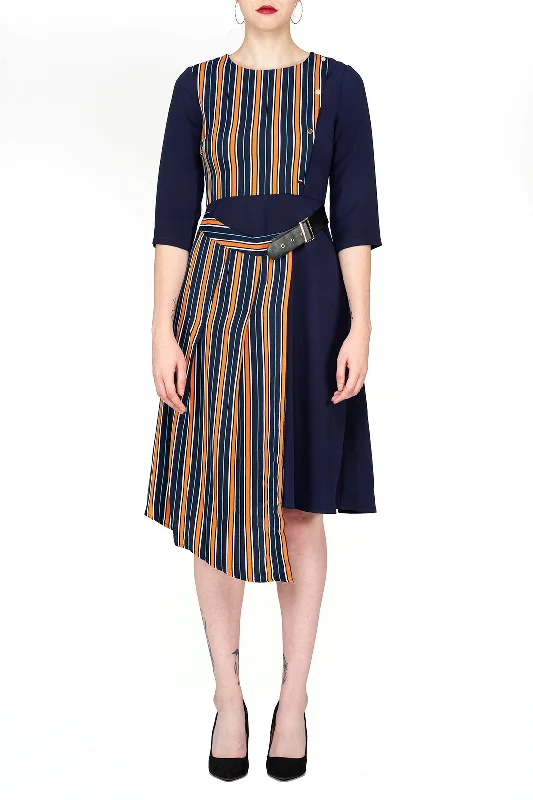 Everyday Dress with Smocked Bodice for a Fitted Look TWO PEARS-Three Quarter Sleeve Belted Contrast Midi Dress Everyday Dress with Smocked Bodice for a Fitted Look TWO PEARS-Three Quarter Sleeve Belted Contrast Midi Dress