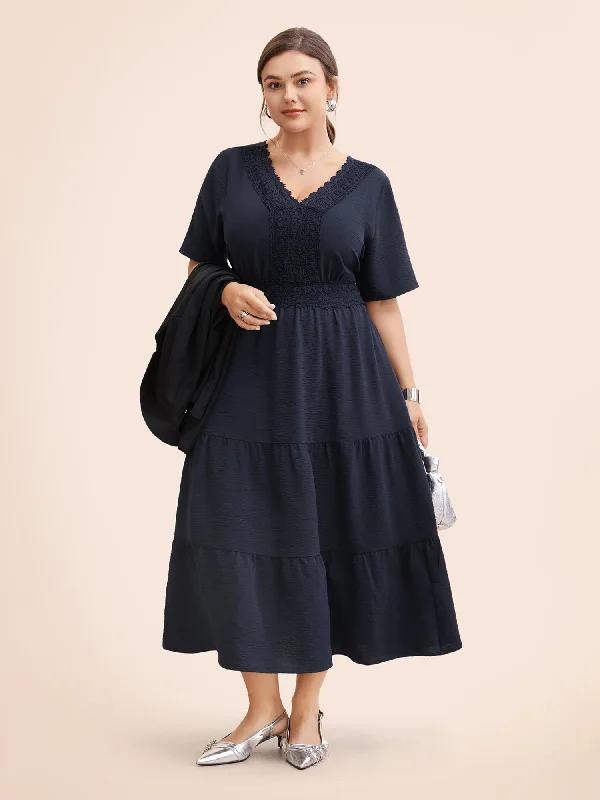 Everyday Chambray Dress with Roll - up Sleeves V Neck Woven Ribbon Ruffle Layered Hem Dress Everyday Chambray Dress with Roll - up Sleeves V Neck Woven Ribbon Ruffle Layered Hem Dress