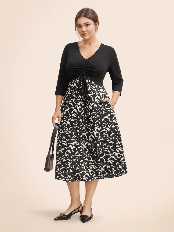 Everyday Maxi Dress with Floral Print​ V Neck Patchwork Drawstring Dress