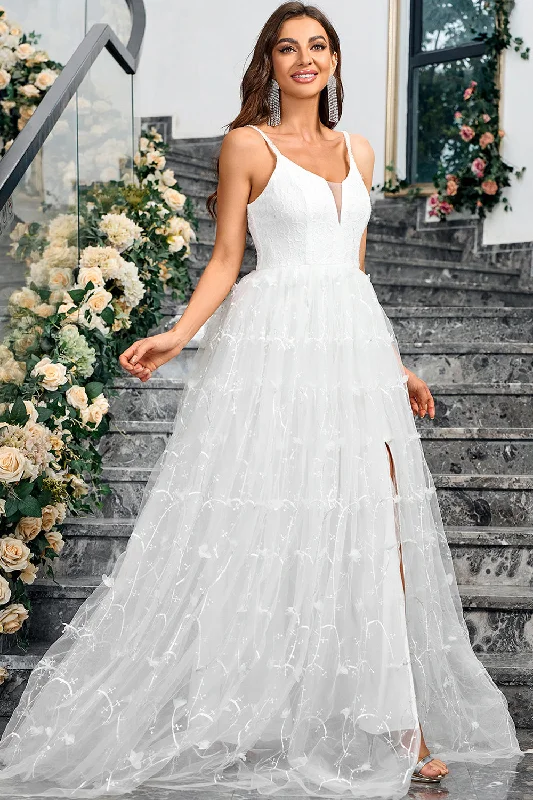 A - line formal dresses with beaded lace appliques for formal events White A Line V Neck Tulle Long Formal Party Dress with Slit A - line formal dresses with beaded lace appliques for formal events White A Line V Neck Tulle Long Formal Party Dress with Slit