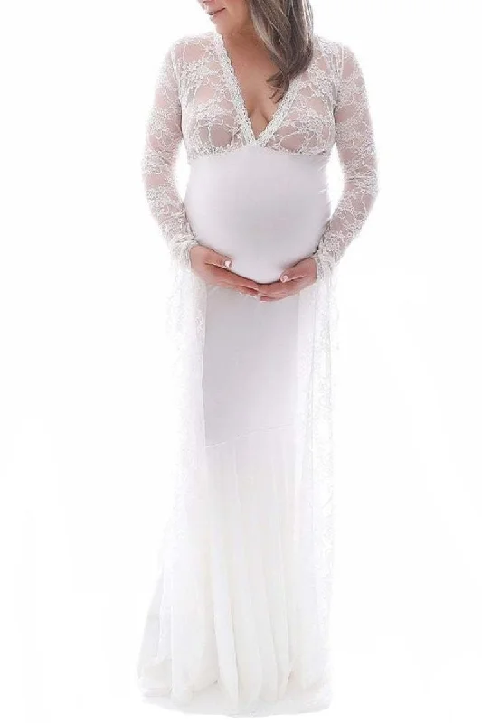 Maternity dress with empire waist for added comfort White Deep V-neck Lace Mermaid Maternity Dress